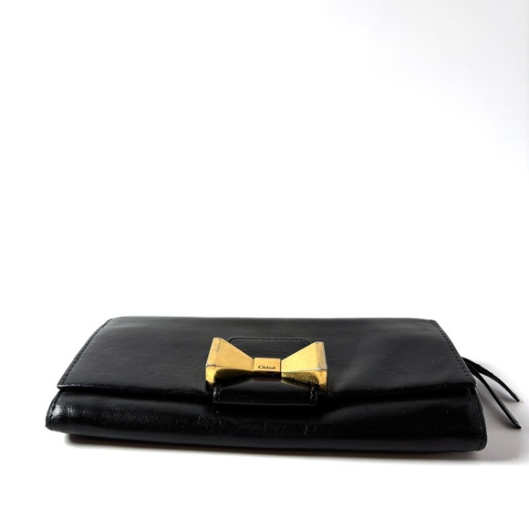 Chloé Black Leather Bow Clutch – Gold Hardware, French Designer - Picture 2 of 7